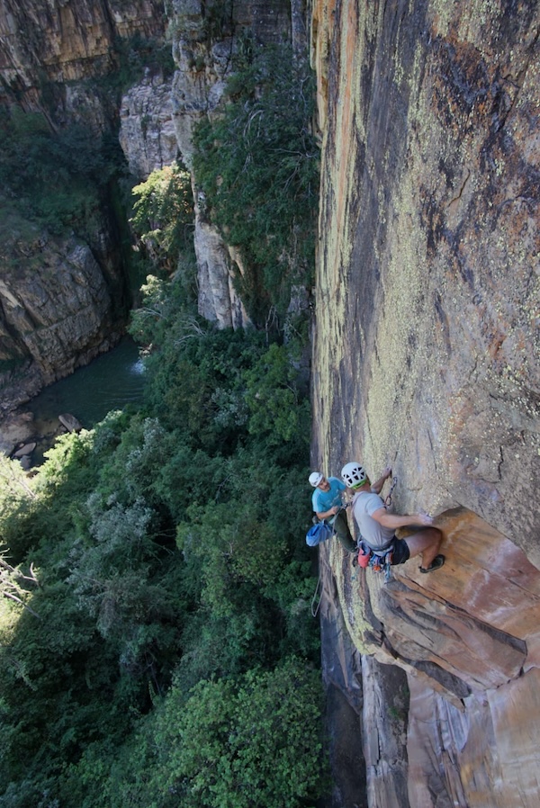 Climbers leading on waterfall wall